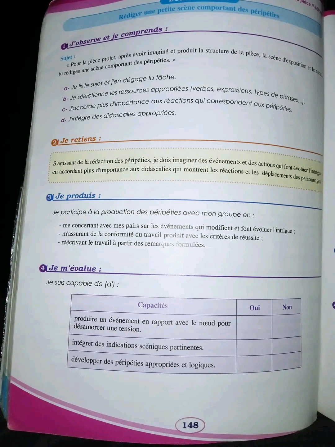 حل تمارين Parcours française 2 ac page 148_ 149 دورة اللغة الفرنسية سنة ثانية اعدادي ص 148 _ 149 اكتب مشهدًا صغيرًا لسلوك المغامرات انتاج