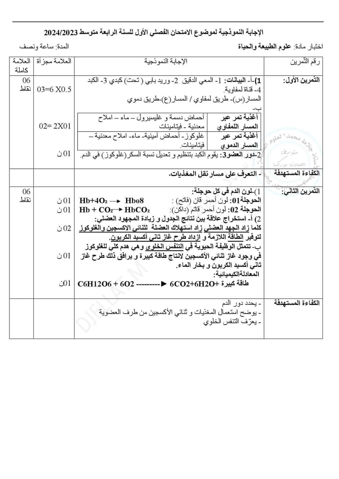 اختبار العلوم الطبيعية للسنة الرابعة 4 متوسط مع الحل 2024 الفصل الأول